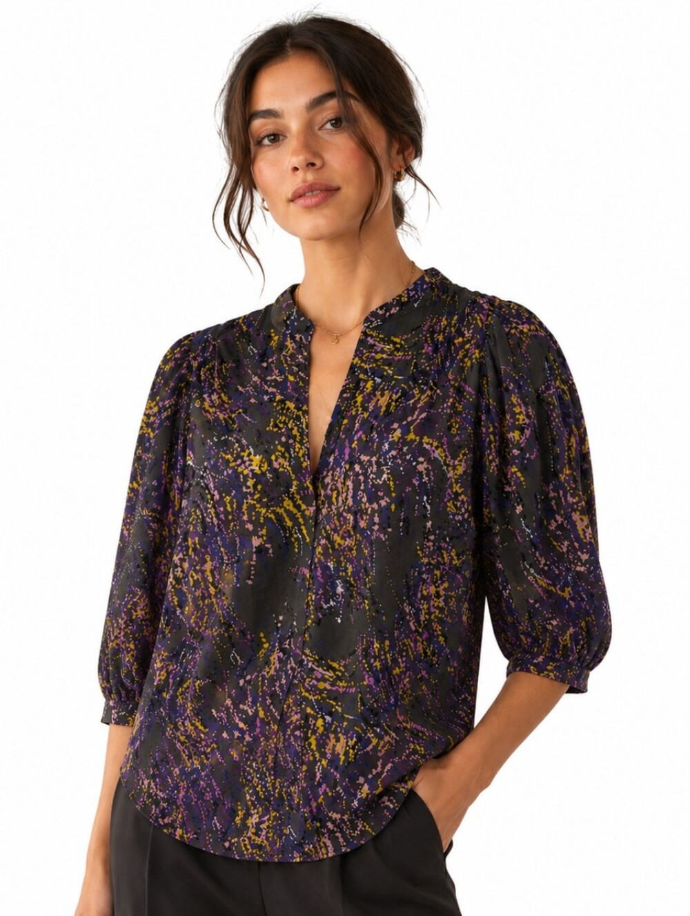 Parker Victorian Sheer Blouse Purple, Yellow and Black Abstract Print